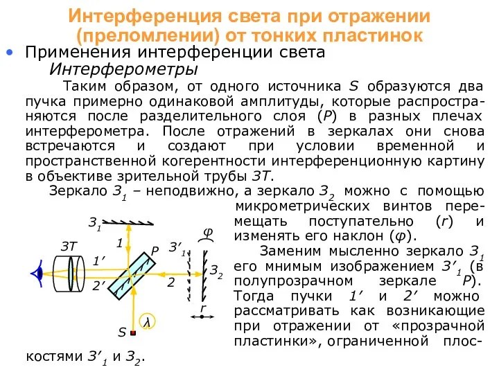 Применения интерференции света Интерферометры Таким образом, от одного источника S образуются