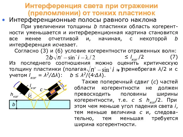 i Интерференционные полосы равного наклона При увеличении толщины b пластинки область