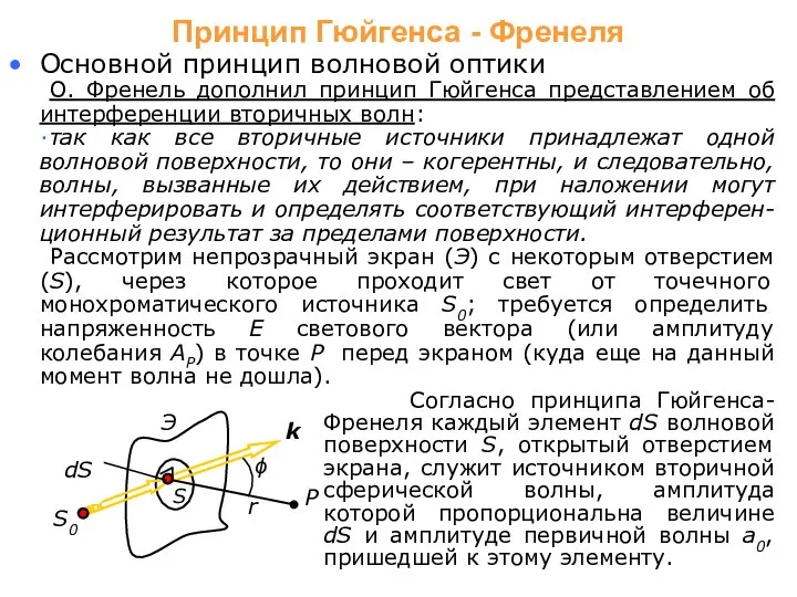 Основной принцип волновой оптики О. Френель дополнил принцип Гюйгенса представлением об