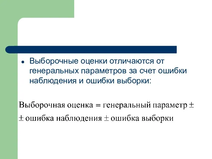 Выборочные оценки отличаются от генеральных параметров за счет ошибки наблюдения и ошибки выборки: