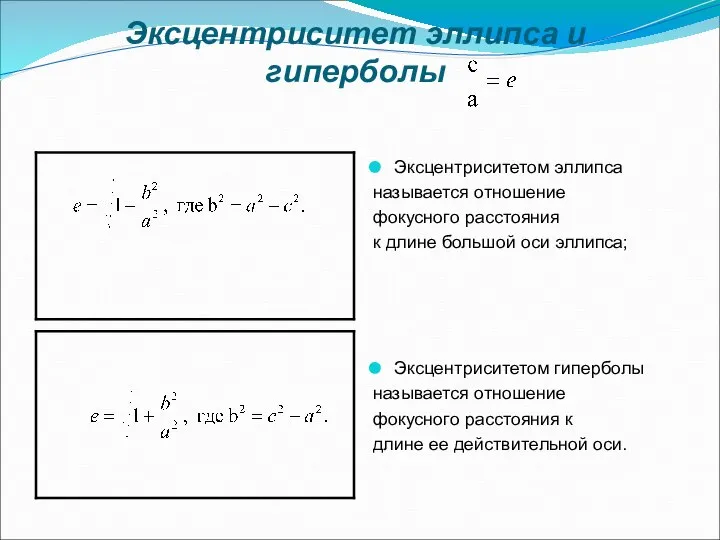 Эксцентриситет эллипса и гиперболы Эксцентриситетом эллипса называется отношение фокусного расстояния к