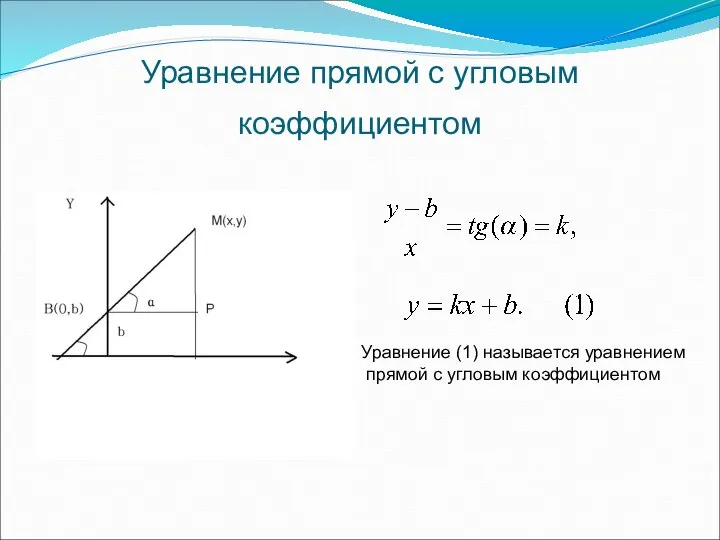 Уравнение прямой с угловым коэффициентом Уравнение (1) называется уравнением прямой с угловым коэффициентом