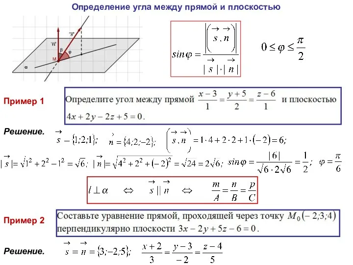 Определение угла между прямой и плоскостью Пример 2 Решение. Пример 1 Решение.