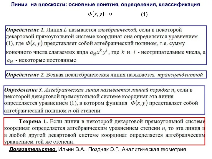 Линии на плоскости: основные понятия, определения, классификация (1) Доказательство. Ильин В.А., Поздняк Э.Г. Аналитическая геометрия.