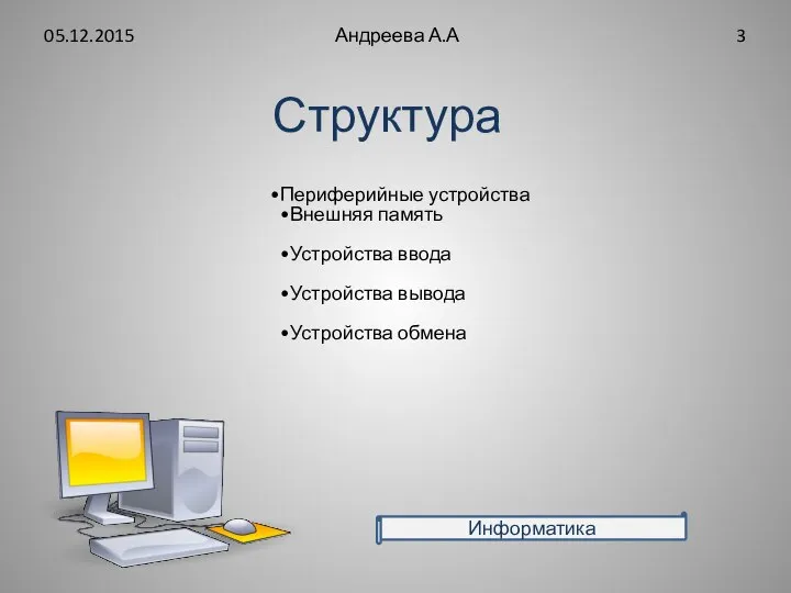 Структура Периферийные устройства Внешняя память Устройства ввода Устройства вывода Устройства обмена 05.12.2015 Андреева А.А