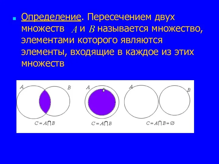 Определение. Пересечением двух множеств и называется множество, элементами которого являются элементы,