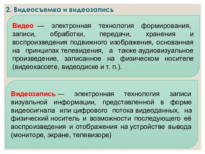 2. Видеосъемка и видеозапись Видео — электронная технология формирования, записи, обработки,