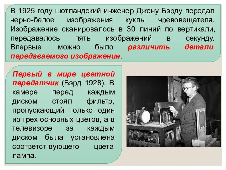 В 1925 году шотландский инженер Джону Бэрду передал черно-белое изображения куклы