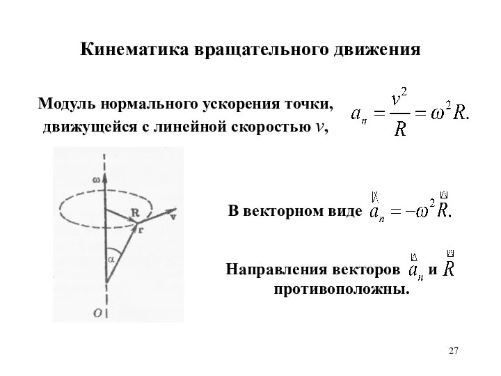 Кинематика вращательного движения Модуль нормального ускорения точки, движущейся с линейной скоростью v,