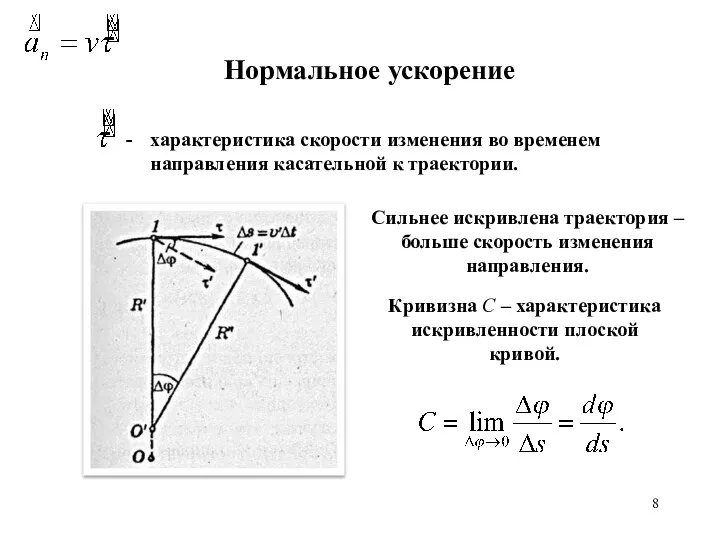 Нормальное ускорение Сильнее искривлена траектория – больше скорость изменения направления. Кривизна