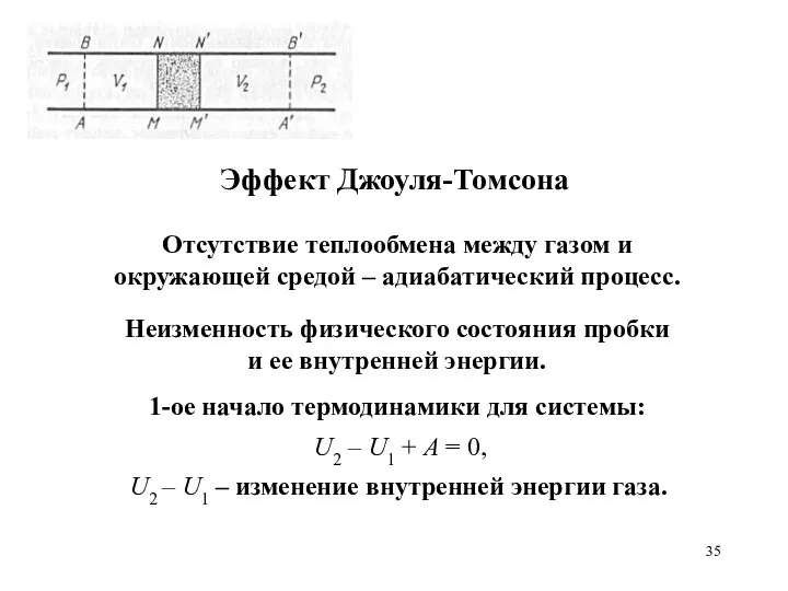 Эффект Джоуля-Томсона Неизменность физического состояния пробки и ее внутренней энергии. 1-ое