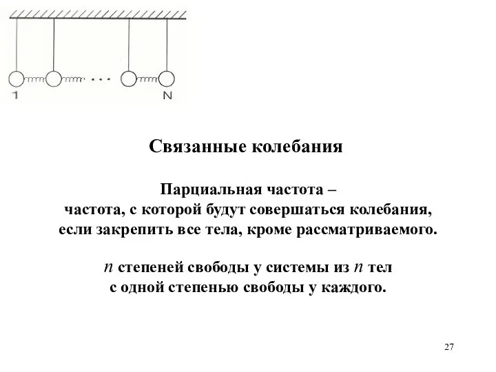 Связанные колебания Парциальная частота – частота, с которой будут совершаться колебания,