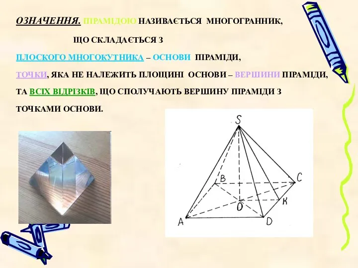 ОЗНАЧЕННЯ. ПІРАМІДОЮ НАЗИВАЄТЬСЯ МНОГОГРАННИК, ЩО СКЛАДАЄТЬСЯ З ПЛОСКОГО МНОГОКУТНИКА – ОСНОВИ