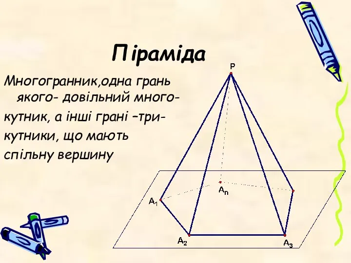 Піраміда Многогранник,одна грань якого- довільний много- кутник, а інші грані –три- кутники, що мають спільну вершину