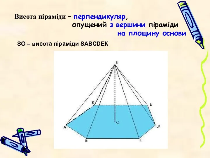 Висота піраміди – перпендикуляр, опущений з вершини піраміди на площину основи SO – висота піраміди SАВСDЕК