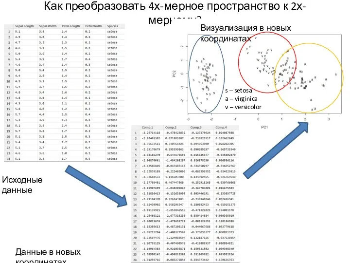 Как преобразовать 4х-мерное пространство к 2х-мерному? Исходные данные Данные в новых