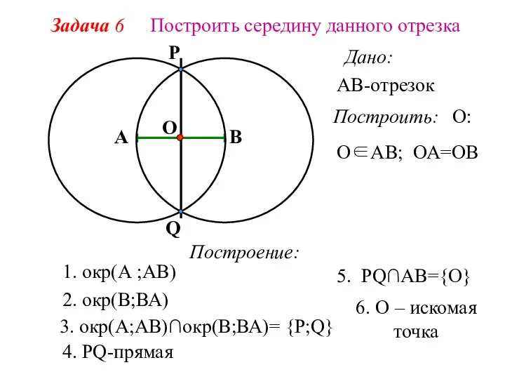 Задача 6 Построить середину данного отрезка Дано: АВ-отрезок А Построить: О∈АВ;