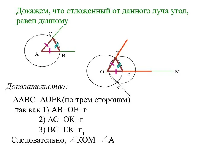 Докажем, что отложенный от данного луча угол, равен данному О М