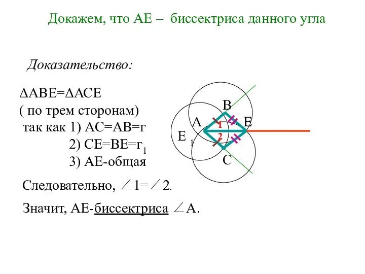 Докажем, что АЕ – биссектриса данного угла А C B E