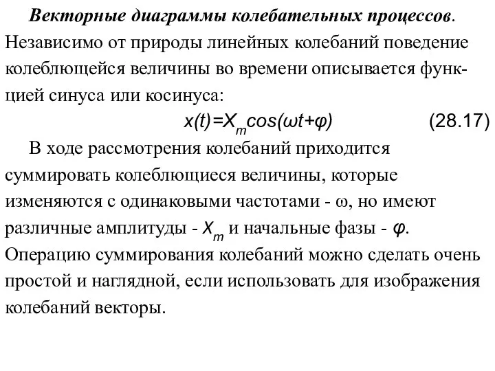 Векторные диаграммы колебательных процессов. Независимо от природы линейных колебаний поведение колеблющейся