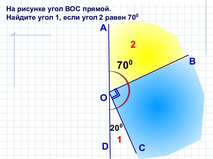 На рисунке угол ВОС прямой. Найдите угол 1, если угол 2