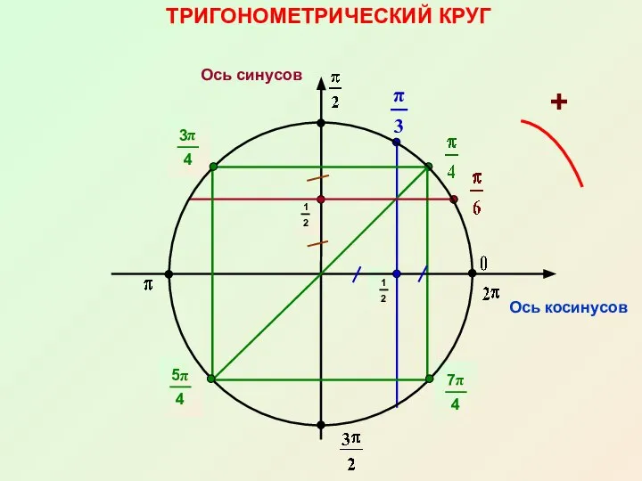 ТРИГОНОМЕТРИЧЕСКИЙ КРУГ Ось косинусов Ось синусов +