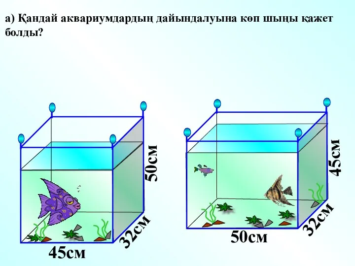 а) Қандай аквариумдардың дайындалуына көп шыңы қажет болды? 45см 45см 50см 50см 32см 32см