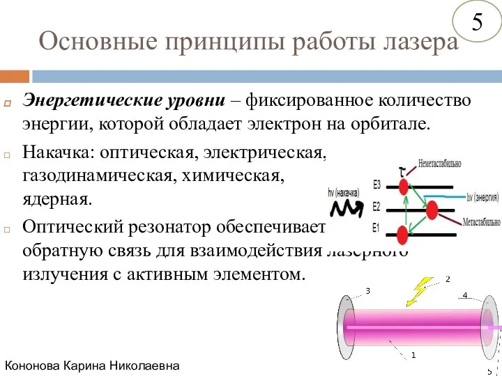 Основные принципы работы лазера Энергетические уровни – фиксированное количество энергии, которой