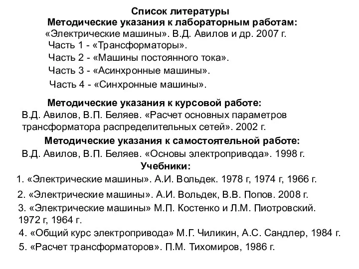 Список литературы Методические указания к лабораторным работам: «Электрические машины». В.Д. Авилов