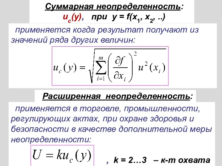 Суммарная неопределенность: uс(у), при у = f(x1, x2, ..) применяется когда