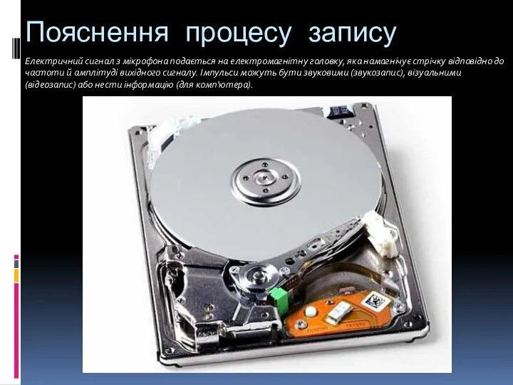 Пояснення процесу запису Електричний сигнал з мікрофона подається на електромагнітну головку,