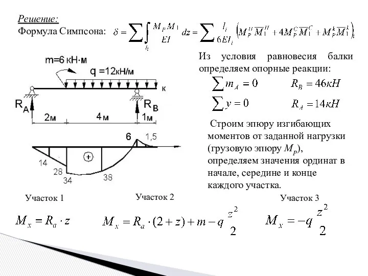 Решение: Формула Симпсона: Строим эпюру изгибающих моментов от заданной нагрузки (грузовую