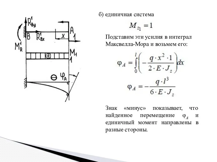 б) единичная система Подставим эти усилия в интеграл Максвелла-Мора и возьмем