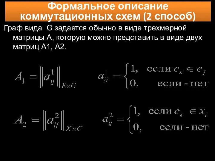 Формальное описание коммутационных схем (2 способ) Граф вида G задается обычно