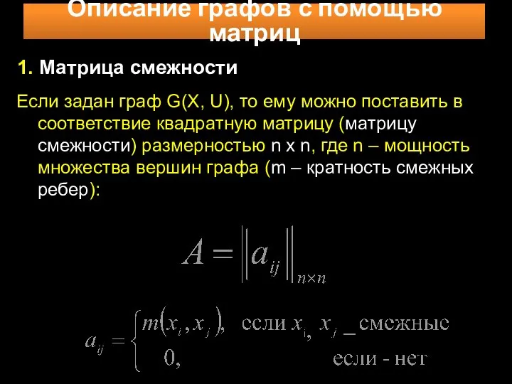 Описание графов с помощью матриц 1. Матрица смежности Если задан граф