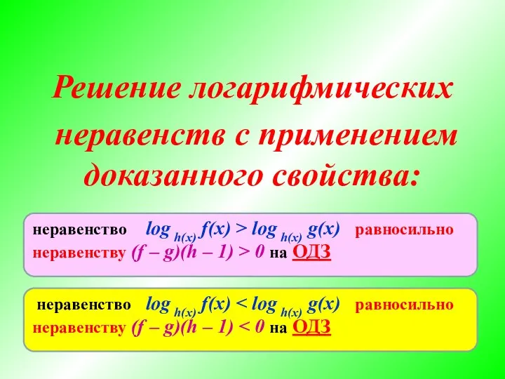 Решение логарифмических неравенств с применением доказанного свойства: