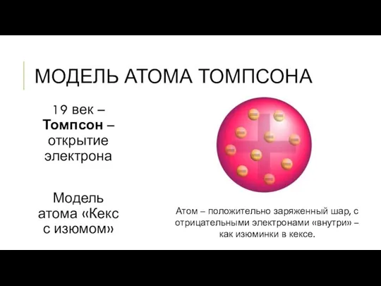 МОДЕЛЬ АТОМА ТОМПСОНА 19 век – Томпсон – открытие электрона Модель