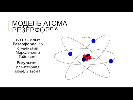 МОДЕЛЬ АТОМА РЕЗЕРФОРДА 1911 г – опыт Резерфорда (со студентами Марсденом