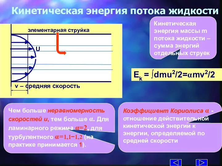 Кинетическая энергия потока жидкости Ek = ∫dmu2/2=αmv2/2 Кинетическая энергия массы m