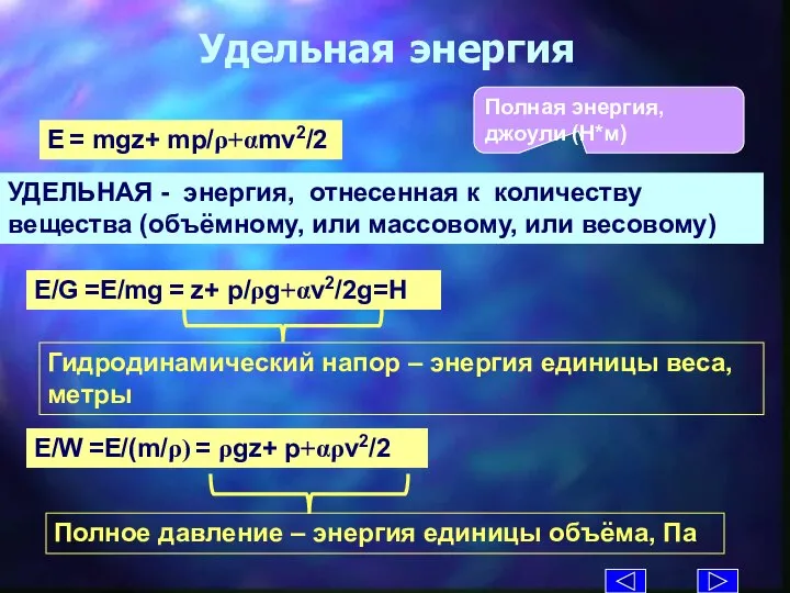 E/G =E/mg = z+ p/ρg+αv2/2g=H УДЕЛЬНАЯ - энергия, отнесенная к количеству