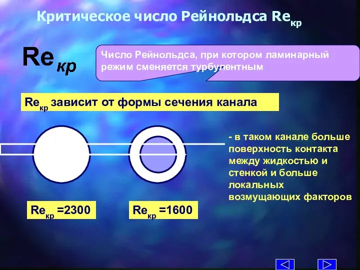 Критическое число Рейнольдса Reкр Число Рейнольдса, при котором ламинарный режим сменяется