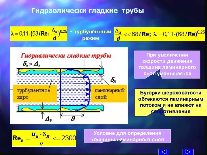 Гидравлически гладкие трубы При увеличении скорости движения толщина ламинарного слоя уменьшается