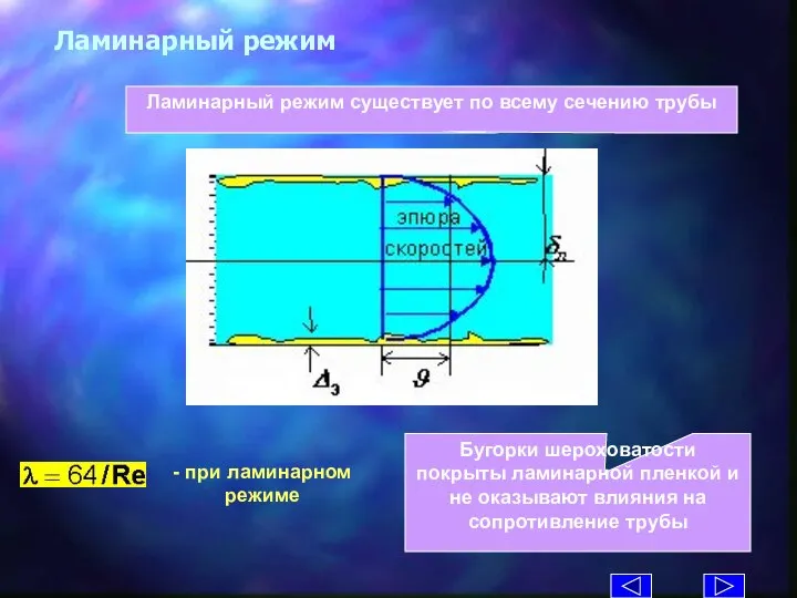 Ламинарный режим Бугорки шероховатости покрыты ламинарной пленкой и не оказывают влияния