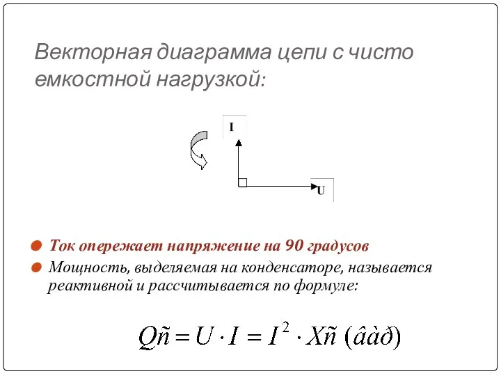 Векторная диаграмма цепи с чисто емкостной нагрузкой: Ток опережает напряжение на