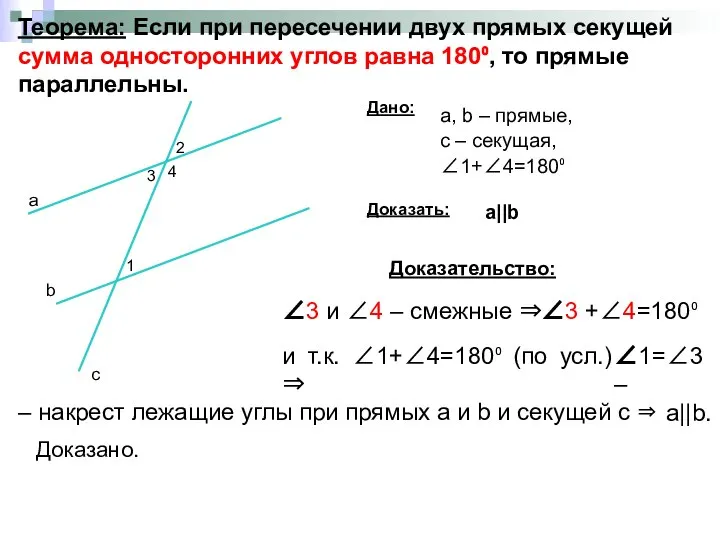 Теорема: Если при пересечении двух прямых секущей сумма односторонних углов равна