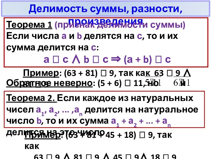 Делимость суммы, разности, произведения Теорема 1 (признак делимости суммы) Если числа