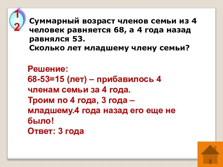 Суммарный возраст членов семьи из 4 человек равняется 68, а 4