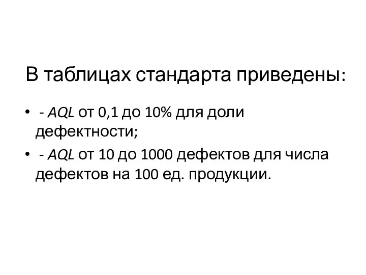 В таблицах стандарта приведены: - AQL от 0,1 до 10% для