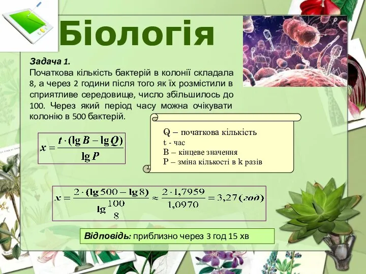 Біологія Задача 1. Початкова кількість бактерій в колонії складала 8, а