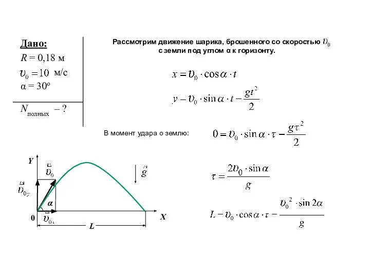 Рассмотрим движение шарика, брошенного со скоростью с земли под углом α